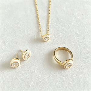 Oval-Cut Zircon White Enamel Jewelry Set (Ring + Necklace + Stud Earrings)
