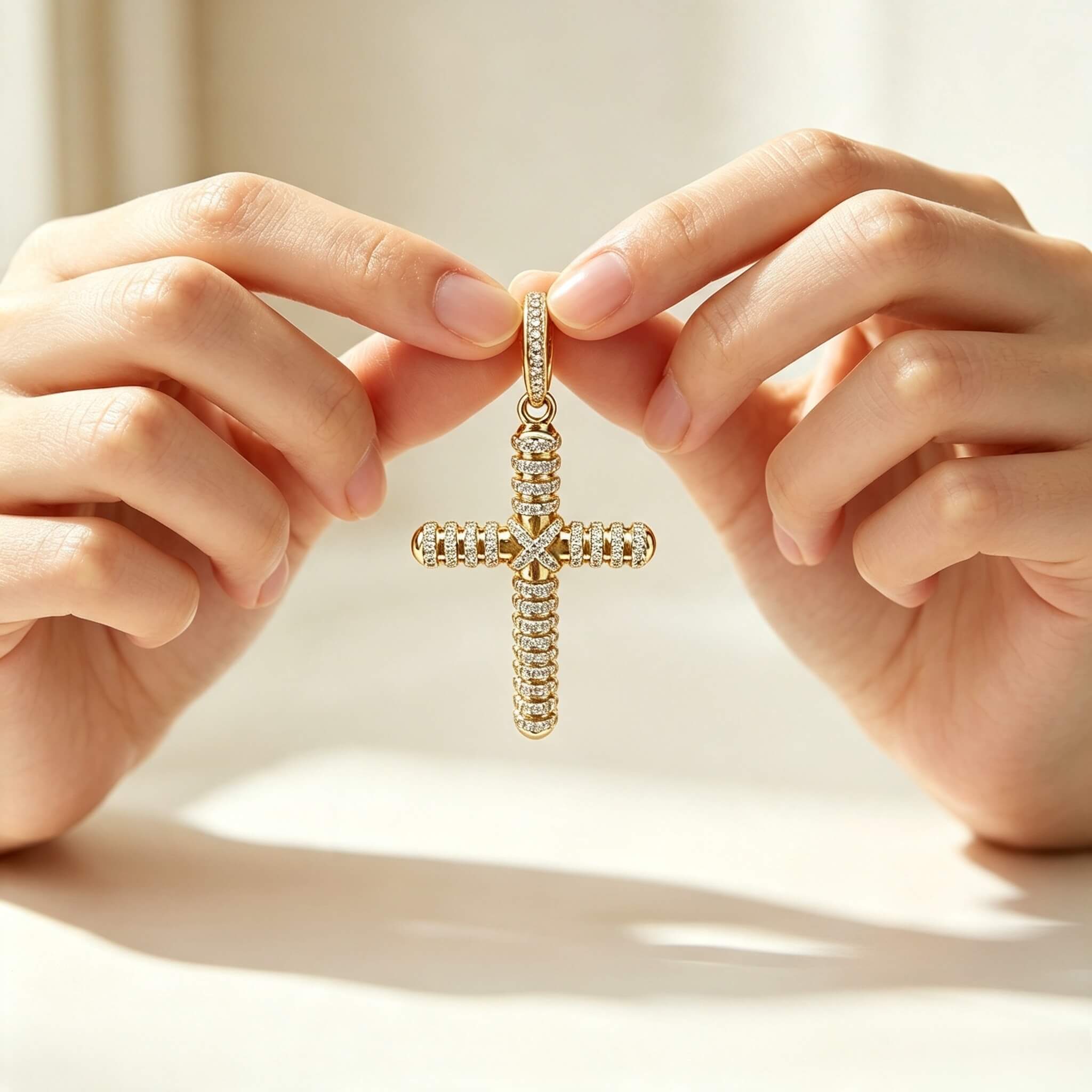 S925 Sterling Silver 14K Gold Plated Pave Zircon Cross Pendant Unisex Jewelry