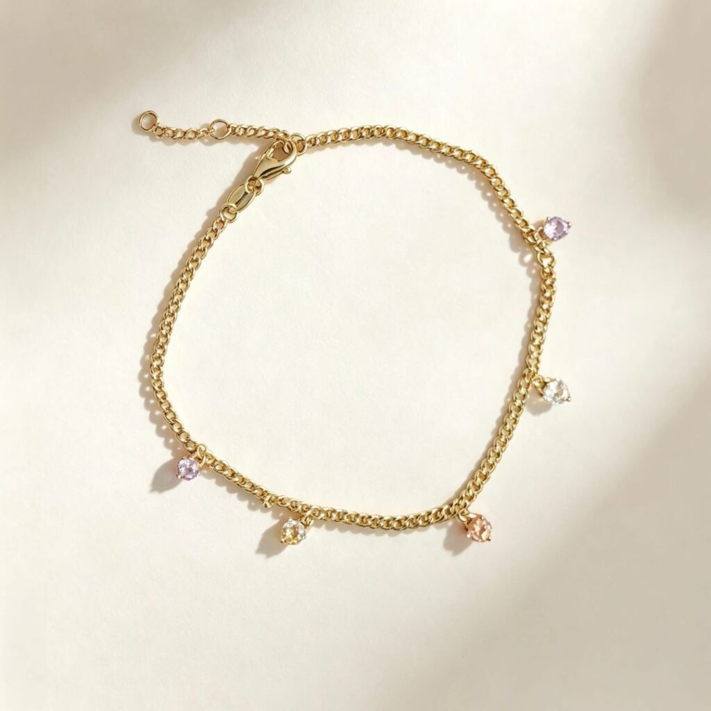 S925 sterling silver 14K gold plated macaron color cubic zirconia charm bracelet