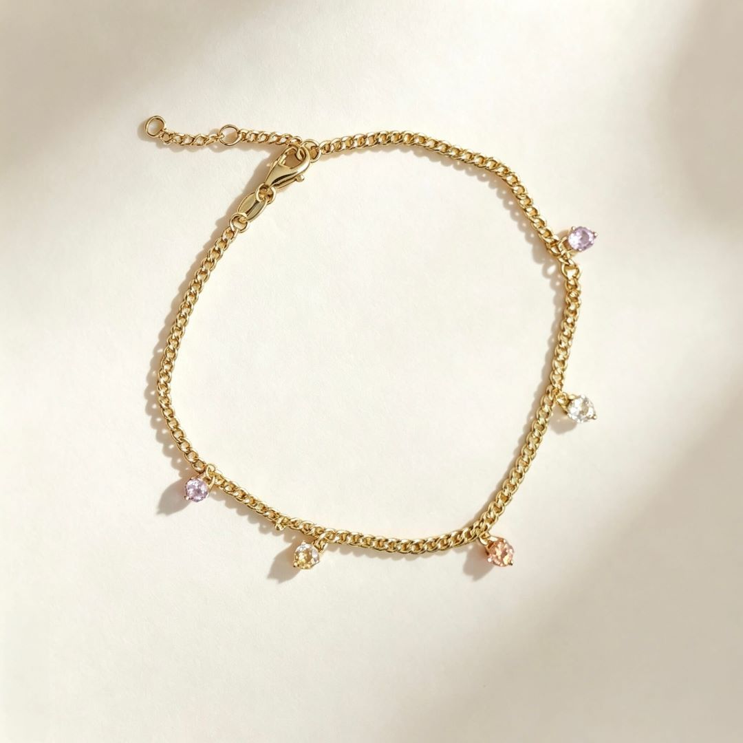 S925 sterling silver 14K gold plated macaron color cubic zirconia charm bracelet