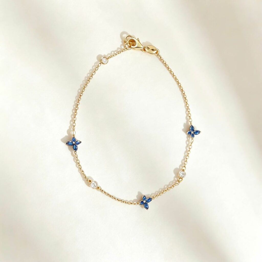 S925 sterling silver 14K gold plated blue spinel cubic zirconia butterfly bracelet