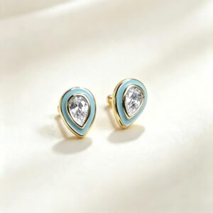 S925 sterling silver pear cubic zirconia turquoise enamel stud earrings