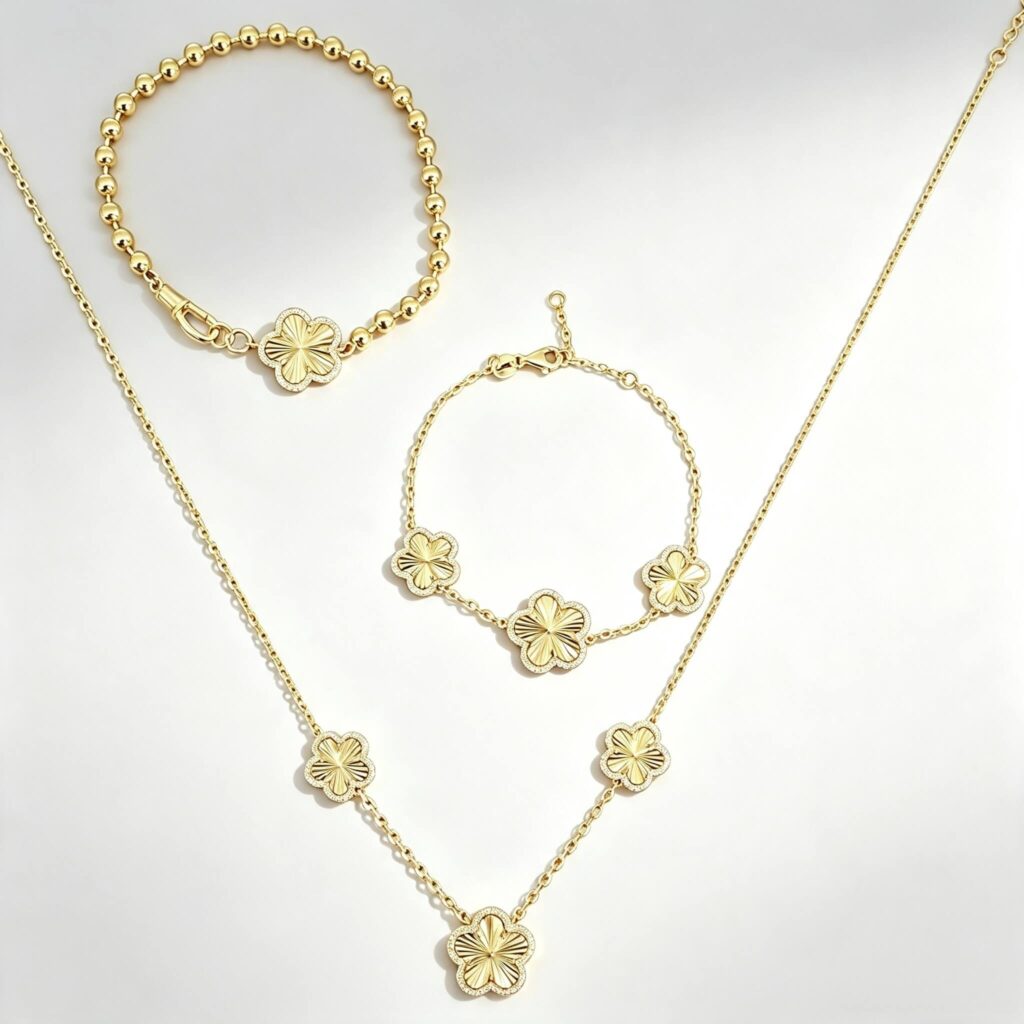 S925 Sterling Silver 14K Gold Plated Four‑Leaf Clover Jewelry Set