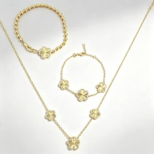 S925 Sterling Silver 14K Gold Plated Four‑Leaf Clover Jewelry Set